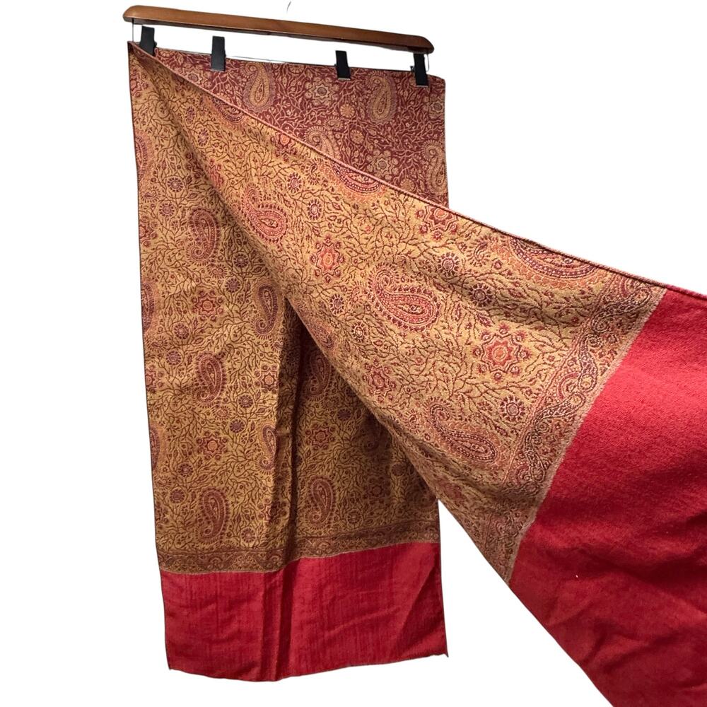 Pink Dot Collection 100% Wool Scarf Wrap Pashmina Magenta Tan Paisley 85” x 21”